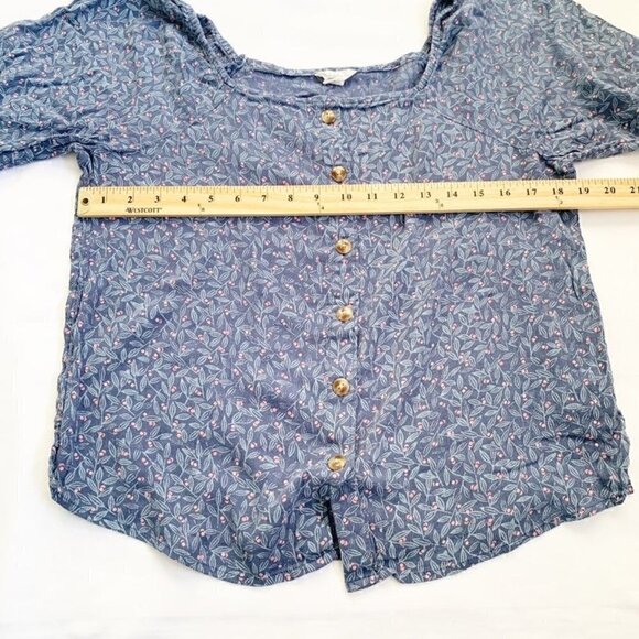5/$25 Caslon boho peasant blue floral button front off shoulder elastic wrist - Picture 7 of 8